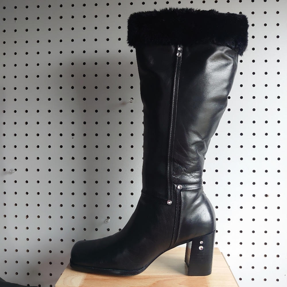 Westies Chunky Heel Block Leather, Fur And Rivet Rhinestone Winter Boots Black - Picture 5 of 14